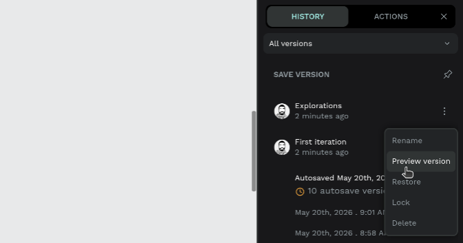 Preview version option in the version menu